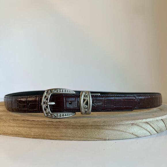Vintage 90s Brown Vegan Leather Silver Chunky Buckle Belt Size Large - Picture 2 of 10